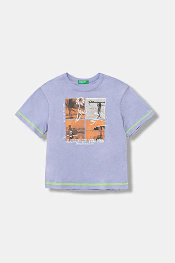 Detské bavlnené tričko United Colors of Benetton fialová farba, s potlačou, 3I1XG10JG