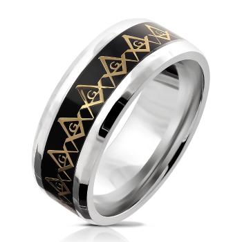 Oceľová obrúčka - symbol Slobodomurárov v zlatej farbe, priesvitná glazúra, 8 mm - Veľkosť: 67 mm