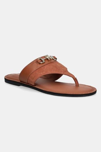 Kožené žabky Tommy Hilfiger MIXED LEATHER HORSEBIT THONG dámske, hnedá farba, na plochom podpätku, FW0FW08506