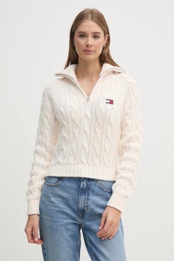 Sveter s prímesou vlny Tommy Jeans dámsky, béžová farba, s rolákom, DW0DW20269