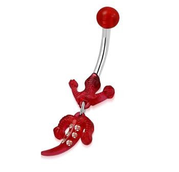 Piercing do pupka z ocele - guľôčka, červená jašterička so zirkónmi