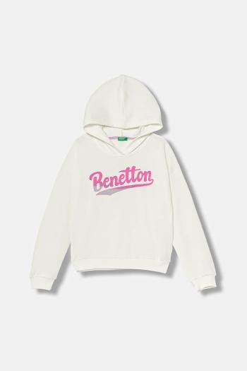 Detská bavlnená mikina United Colors of Benetton biela farba, s kapucňou, s potlačou, 3J68C204W