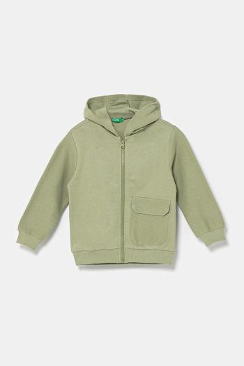 Detská bavlnená mikina United Colors of Benetton zelená farba, s kapucňou, s nášivkou, 3T31G503Q