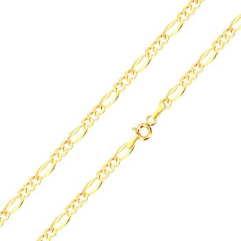 Náramok zo žltého 14K zlata - tri oválne očká, podlhovasté očko, rozšírené hrany, 180 mm