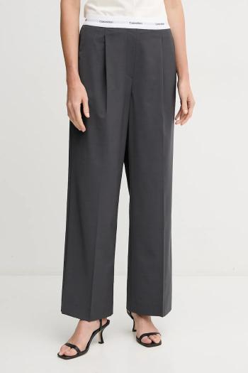Vlnené nohavice Calvin Klein dámske, šedá farba, rovné, vysoký pás, LV044B668G