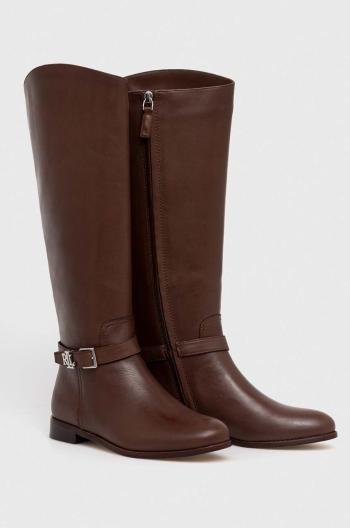 Kožené čižmy Lauren Ralph Lauren Brooke Tall dámske, hnedá farba, na plochom podpätku, 802937804003
