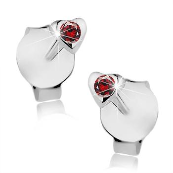 Strieborné 925 náušnice, drobné srdiečko, okrúhly červený krištáľ Swarovski