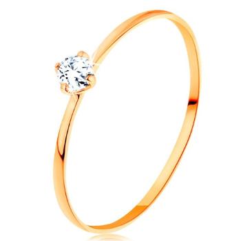 Prsteň zo žltého 14K zlata - tenké ramená, okrúhly zirkón čírej farby - Veľkosť: 54 mm