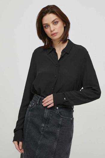 Košeľa Tommy Hilfiger dámska,čierna farba,voľný strih,s klasickým golierom,WW0WW40535