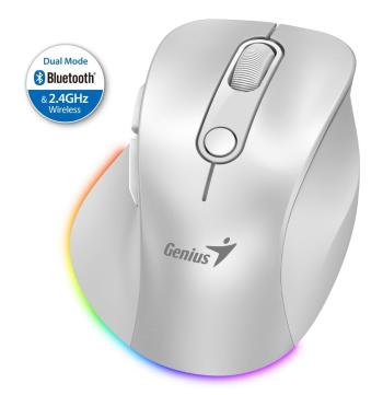 Genius Ergo 9000S Pre Myš, bezdrôtová, optická, 2400DPI, 6 tlačidiel, BT, 2,4GHz, USB-C nabíjanie, tichá, 7farebné podsvietenie, biela