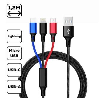 3-in-1 töltőkábel,micro USB / USB-C / Lightning,1.2 m, fekete