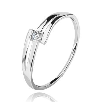 Briliantový prsteň z bieleho 14K zlata - rozdelené zvlnené ramená, číry diamant - Veľkosť: 60 mm