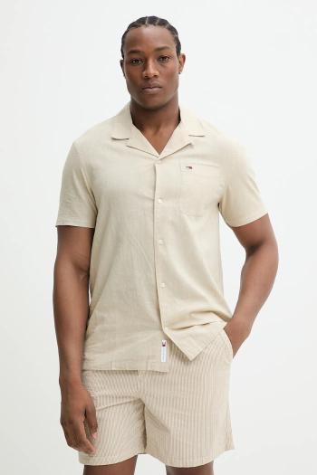 Košeľa s prímesou ľanu Tommy Jeans pánska, béžová farba, regular, s golierom button-down, DM0DM20895