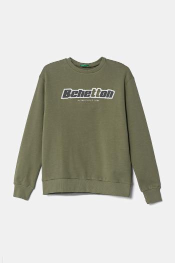 Detská bavlnená mikina United Colors of Benetton zelená farba, s kapucňou, s potlačou, 3J68C10N2