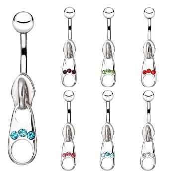 Oceľový piercing do bruška - ozdobný zips so zirkónmi - Farba zirkónu: Svetlo zelená - G