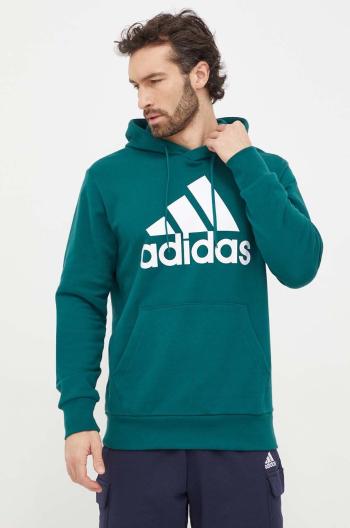 Bavlnená mikina adidas pánska, zelená farba, s kapucňou, s potlačou, IS1354