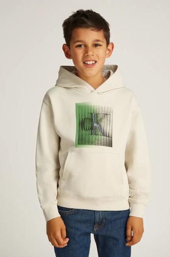 Detská bavlnená mikina Calvin Klein Jeans 0 béžová farba, s kapucňou, s potlačou, IB0IB02380
