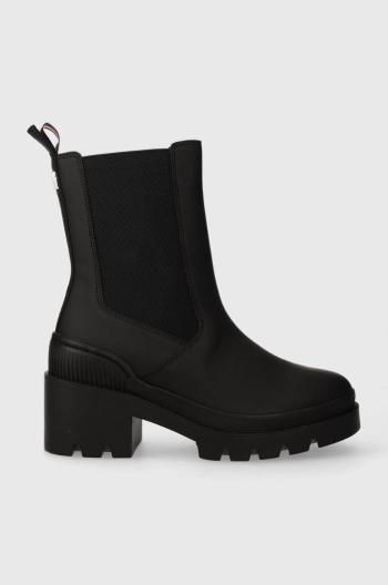 Topánky chelsea Tommy Hilfiger RUBBERIZED MID HEEL BOOT dámske, čierna farba, na podpätku, FW0FW07520