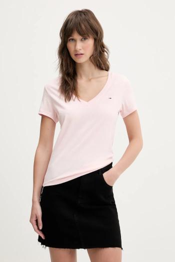 Bavlnené tričko Tommy Jeans dámske, ružová farba, DW0DW20458