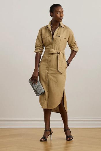 Ľanové šaty Lauren Ralph Lauren béžová farba, midi, rovný strih, 200P02410