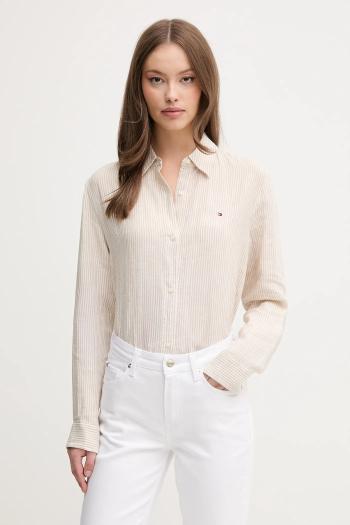 Ľanová košeľa Tommy Hilfiger béžová farba, voľný strih, s klasickým golierom, WW0WW44679