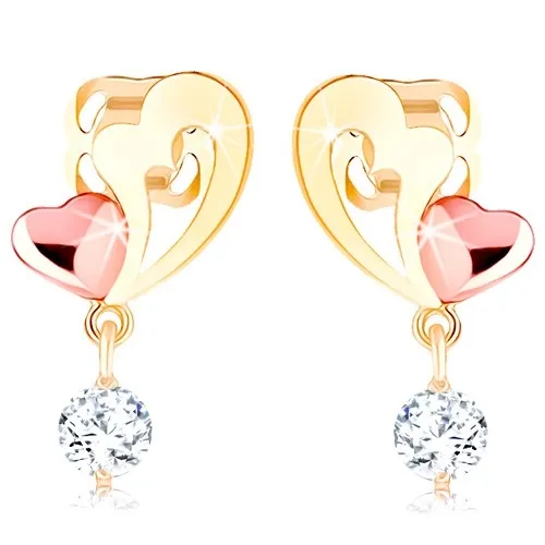 Náušnice zo 14K zlata - kontúra srdca a malé vypuklé srdiečko, číry zirkón