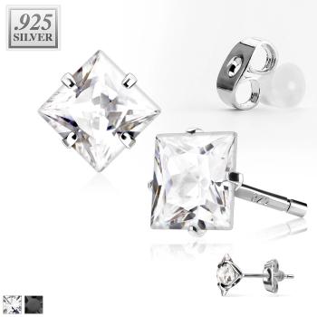 Puzetkové náušnice z 925 striebra - lesklý zirkón v tvare štvorca, vsadený medzi štyri kolíčky - Rozmer: 6 x 6 mm, Farba: Číra