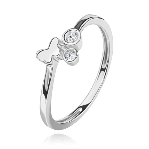 Diamantový prsteň z bieleho 14K zlata - dva číre brilianty, lesklý motýlik - Veľkosť: 49 mm