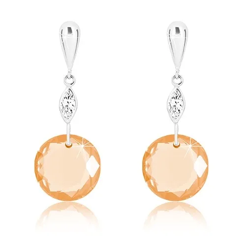 Náušnice v bielom zlate 375 - obrátená slza, číre zrnko, zirkón medovozlatej farby