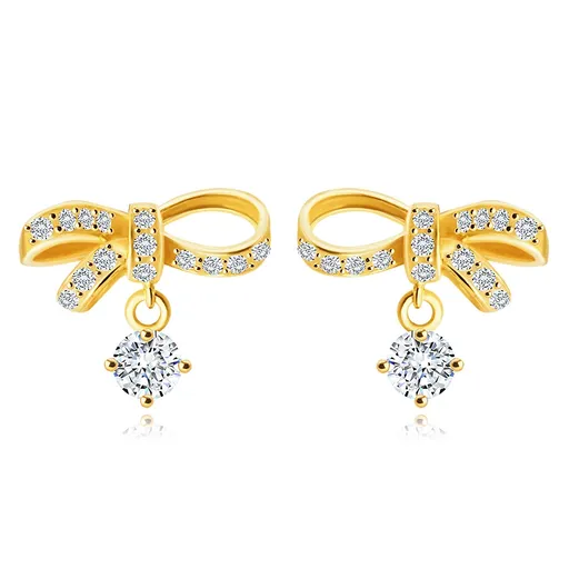 Náušnice v žltom 14K zlate - asymetrická mašľa so zirkónikmi, brúsený číry zirkón