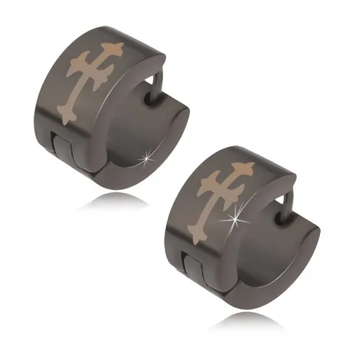 Oceľové náušnice čiernej farby, okrúhle, lesklé, ľaliový kríž