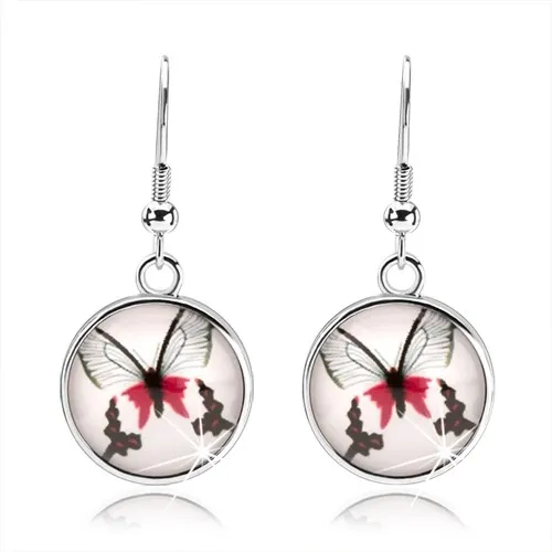 Okrúhle náušnice v štýle kabošon, číre sklo, červeno-čierny motýľ, afroháčiky