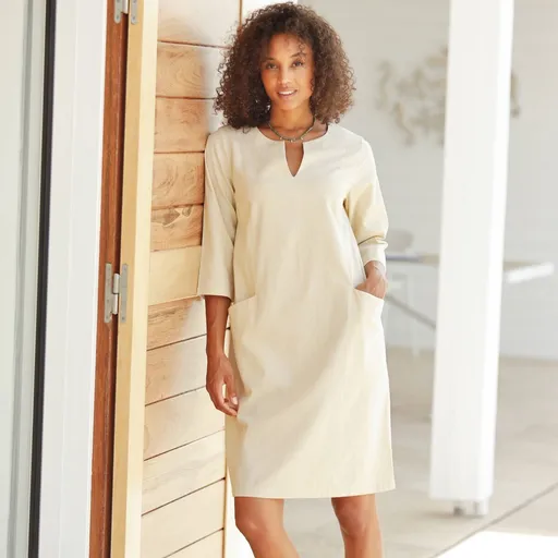 Rovné šaty s prestrihom a vreckami, zo zmesi bavlny a ľanu