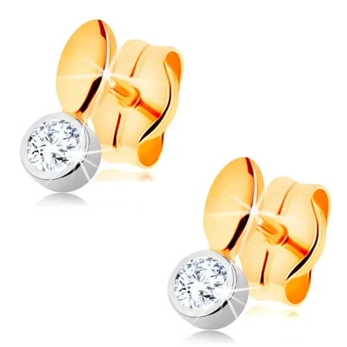 Puzetové náušnice v 14K zlate - dvojfarebné prevedenie, malé zrnko a zirkón v objímke
