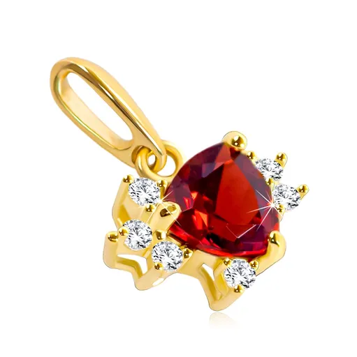 Prívesok v žltom 14K zlate - trojuholník z granátu s čírymi zirkónikmi