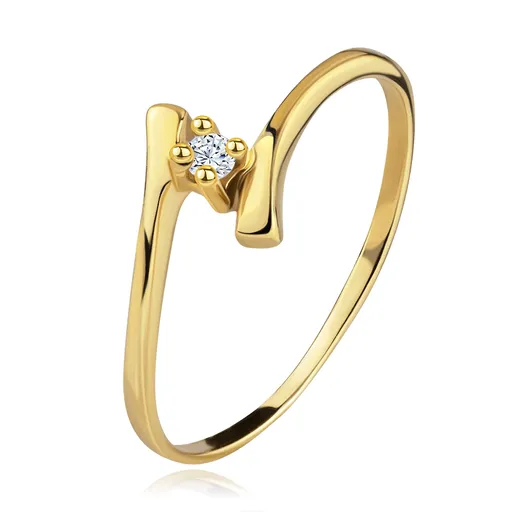 Prsteň zo žltého zlata 585 - žiarivý číry briliant, tenké zahnuté ramená - Veľkosť: 48 mm