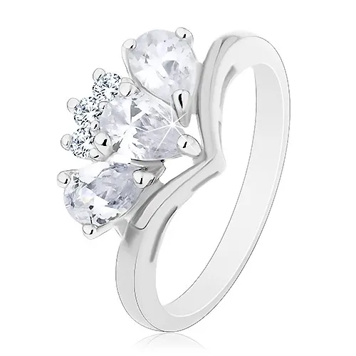 Prsteň so zahnutými ramenami, tri číre zirkónové slzičky a okrúhle zirkóny - Veľkosť: 54 mm