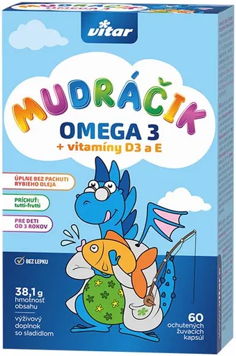 MUDráčik Omega 3 + Vitamíny D3, E 60 cps, žuvacie kapsule s príchuťou tutti-frutti