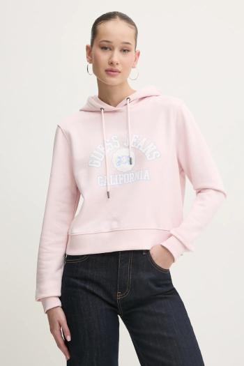 Bavlnená mikina Guess Jeans dámska, ružová farba, s kapucňou, s potlačou, W5RQ29 K68I4