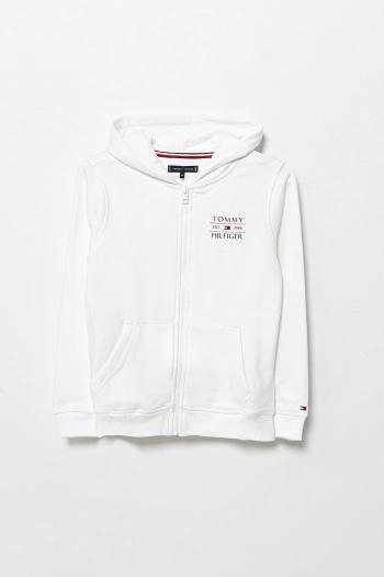 Detská mikina Tommy Hilfiger biela farba, s kapucňou, s potlačou, KB0KB09568