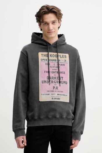 Bavlnená mikina The Kooples pánska, šedá farba, s kapucňou, s potlačou, HSWE30013K