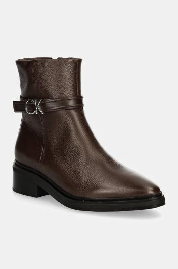 Kožené členkové topánky Calvin Klein HEEL ANKLE BOOT 30 W/HW LTH dámske, hnedá farba, na plochom podpätku, HW0HW02183