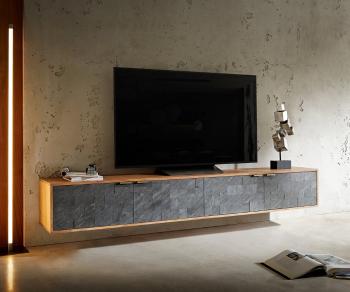 TV stolík Teele 220 cm prírodná akáciová bridlica 4 dvierka na