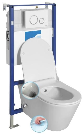 SAPHO - Závesné WC AVVA CLEANWASH, integr. batéria a bidet. sprška s podomietkovou nádržkou a tlačidlom Schwab, biela 100315-SET5