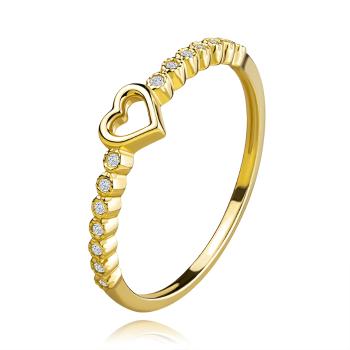 Zlatý prsteň zo 14K žltého zlata - obrys srdca, kvietky z čírych zirkónov - Veľkosť: 51 mm