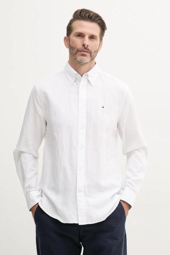Košeľa s prímesou ľanu Tommy Hilfiger pánska, biela farba, regular, s golierom button-down, MW0MW40702