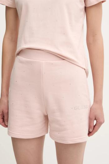 Šortky Guess RHINESTONES dámske, ružová farba, s nášivkou, vysoký pás, V5RD03 KCLJ0