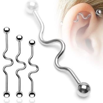 Oceľový piercing do ucha - vlnky, činka, guličky - Rozmer: 1,6 mm x 35 mm x 6 mm