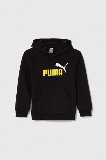 Detská mikina Puma čierna farba, s kapucňou, s potlačou