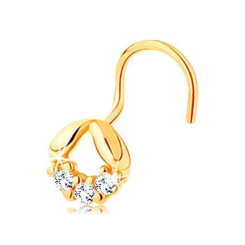 Piercing v žltom 14K zlate, zahnutý - dva oblé lístočky a línia čírych zirkónikov